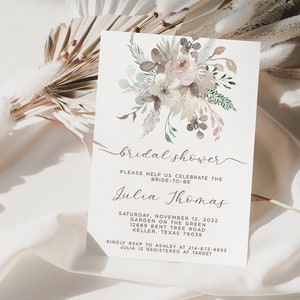 Boho Fall Bridal Shower Invitation Template, Boho Neutral Cream Taupe Floral Couples Shower Invite, DIY Printable Shower, Editable Text