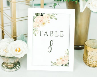 Printable Table Number Card, Table Number Template, Wedding Table Number, INSTANT DOWNLOAD, Editable Template, Blush Pink, Greenery, MP2