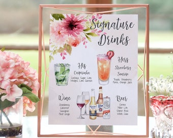 Signature Drinks Wedding Sign, Bar Menu Wedding Template, Bar Menu Sign Editable, Pink Floral Signature Drink Sign, 4,000+ Drink Images