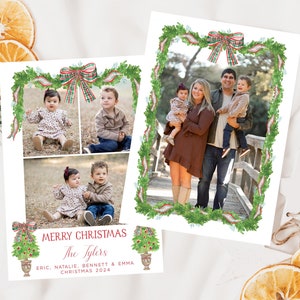 Modelo de cartão de Natal Grandmillennial, Cartão de Natal Grand Millennial, Cartão de Natal com foto, Cartão de Natal com guirlanda de coquete e laço vermelho
