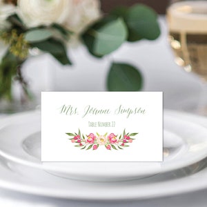 Plantilla de tarjetas de lugar, tarjeta de lugar imprimible, coral, plantilla de tarjeta de lugar de peonía rosa rubor, tarjetas de lugar planas y de tiendas de campaña, dos estilos, etiqueta de alimentos