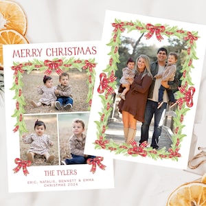 Grandmillennial Photo Christmas Card: Garland Plaid Bow Template