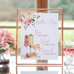 Modèle de bar pétillant, carte de boissons modifiable au mimosa, menu de bar imprimable Momosa, signe toast au champagne, plus de 7 000 images de boissons, rose poudré jaune