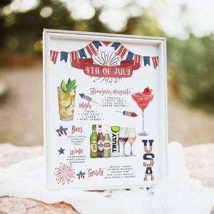 Modèle de menu de bar fête 4 juillet, carte de boissons patriotique modifiable, signe de menu de bar des États-Unis, signe de cocktails de la fête de l'indépendance, fête d'été, Jeux olympiques
