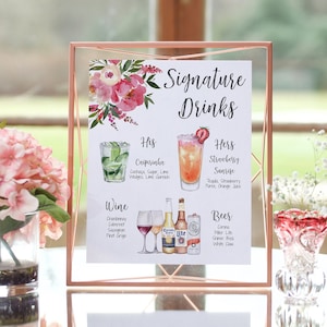 Plantilla de menú de bebidas con peonías rosas brillantes, plantilla de menú de bar para bodas, menú de bar editable, letrero de bebida exclusivo con flores rosas, más de 7000 imágenes de bebidas