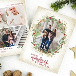 Photo Christmas Card Template, Gold Wreath Berries, Printable Photo Holiday Card, Christmas Greenery Red Berries, Two-sided Instant Download