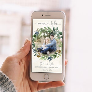 Save the Date Template, Electronic Save the Date Evite, Wedding Save the Date Text, Greenery and Gold Floral, Digital Save the Date Invite
