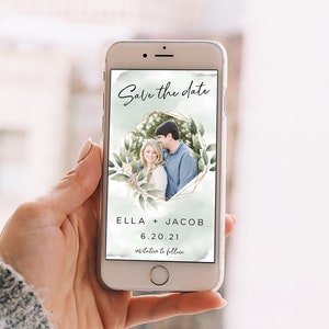 Save the Date Template, Electronic Save the Date Evite, Wedding Save the Date Text, Greenery Eucalyptus Gold, Digital Save the Date Invite