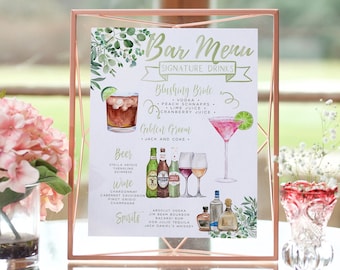 Cartello per bevande esclusive, modello per cocktail esclusivi all'eucalipto, modello di cartello per menu Greenery Bar, bevande rustiche esclusive, oltre 4.000 bevande