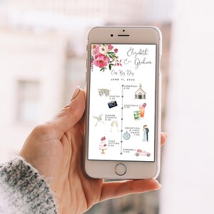 May include: A smartphone screen displaying a wedding day timeline with watercolor illustrations. The timeline includes events like ceremony, photos, cocktails, dinner and toasts, reception and first dance, cake cutting, and farewell. The text reads "Elizabeth & Graham Our Big Day June 11, 2022".