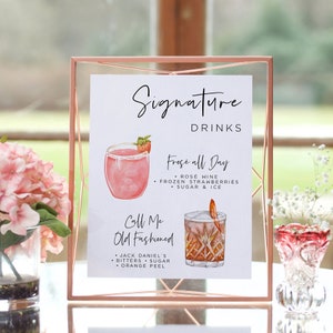 Szablon menu baru, nowoczesny edytowalny szablon menu drinków, minimalistyczne menu baru do wydrukowania, znak Signature Drinks, ponad 7000 obrazów drinków, zieleń