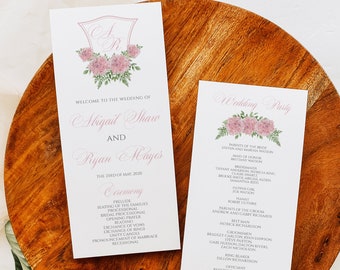 Modèle de programme de mariage hortensia : monogramme classique (imprimable)