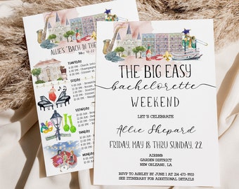 May include: A watercolor illustration of a New Orleans cityscape with a bachelorette party itinerary for a weekend trip to The Big Easy. The itinerary includes activities like champagne, dinner, and brunch. The text reads "Allie's Bach in the Big Easy, May 18-22, Let's Celebrate Allie Shepard, Friday, May 18 thru Sunday, 22, Airbnb, Garden District, New Orleans, LA, RSVP to Ashley by June 1 at 214-673-9933, See Itinerary for Additional Details."