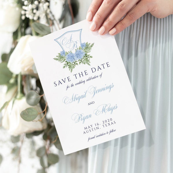 Blue Hydrangea Save the Date Template, Watercolor Crest Monogram Save the Date Printable, DIY Botanical Save the Date, Instant Download