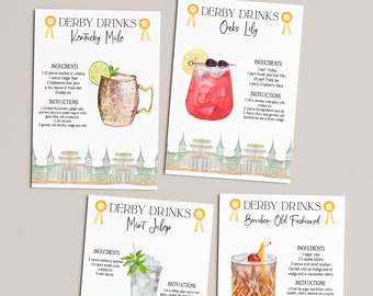 Kentucky Derby Party Cocktail Recipe Cards, Editable Derby Day Party Drink Signs, Mint Julep, Kentucky Mule, Oaks Lily, Old Fashioned, DIY