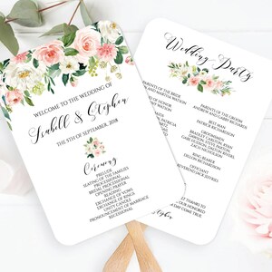 Mall för fläkt för rodnande rosa blommigt bröllopsprogram: Boho Rustikt (redigerbar, utskrivbar)