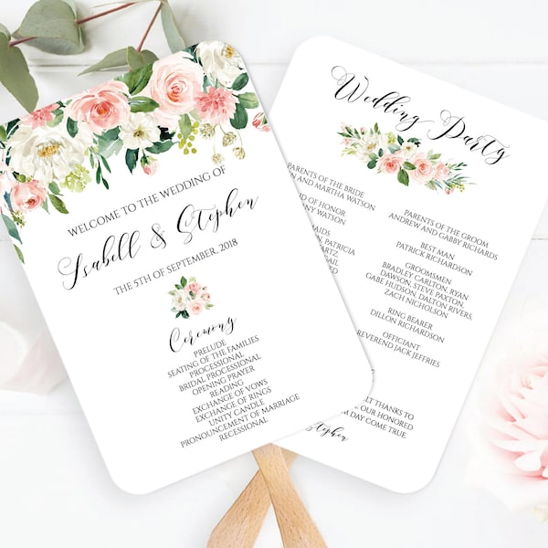 Printable Blush Pink Floral Greenery Wedding Program Fan Template, DIY Editable Boho Rustic Botanical Ceremony Fan, Order of Events MP08