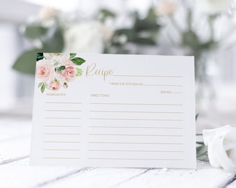 Blush Pink Floral Bridal Shower Recipe Card Template (DIY Editable, Instant Download)