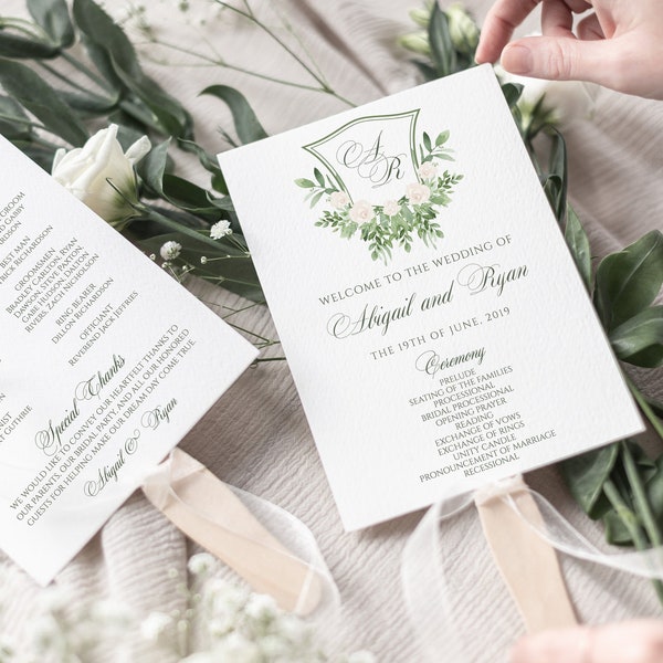 Wedding Program Fan Template, Greenery Monogram Crest Printable Program Fan, DIY Editable Botanical Succulent Wedding Program, Floral Fan