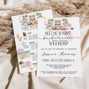 Miami Bachelorette Weekend Reisplan + Uitnodigingssjabloon, Bewerkbare vrijgezellenfeestroute, South Beach Girls Weekendschema, Bach Tekst of Afdrukken