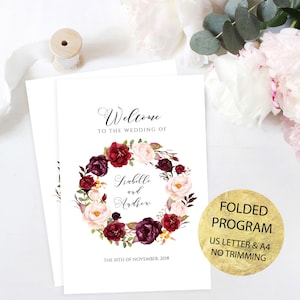 Printable Folded Wedding Program Template, Marsala, Blush Pink Folded Wedding Program, Burgundy Floral Wedding Program Template, NO TRIMMING