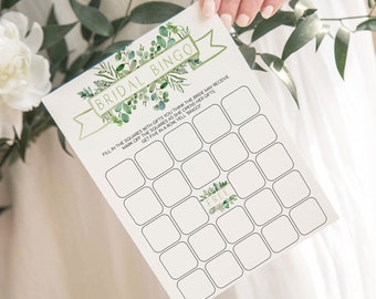 Plantilla de tarjeta de bingo para despedida de soltera con eucalipto: Juego floral para bodas (descarga inmediata)
