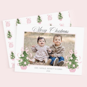 Grandmillennial Weihnachtskarten-Vorlage, Chinoiserie-Weihnachtskarte, Grandmillennial Foto-Weihnachtskarte, Koquette rosa Bogen-Weihnachtskarte