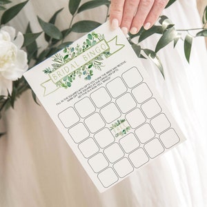 Plantilla de tarjeta de bingo de despedida de soltera de eucalipto imprimible, juego de bingo de ducha de boda personalizado, juego de ducha de boda floral, descarga instantánea