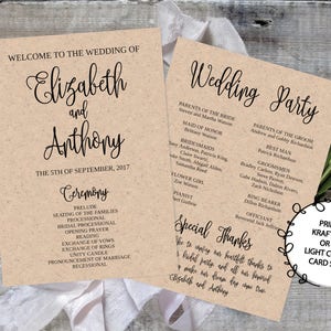 Modello di programma di nozze stampabile/modificabile 5x7 - Scrittura calligrafica - Stampa fai da te su carta kraft o cartoncino leggero/matrimonio rustico