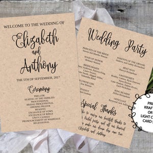 Wedding Program Template Printable / Editable 5x7 Calligraphy Script DIY Print on Kraft Paper or Light Card Stock / Rustic Wedding image 1