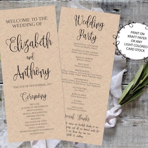 Plantilla de programa de boda imprimible/editable 4x9 - Escritura caligráfica - Impresión DIY en papel Kraft o cartulina liviana / Boda rústica