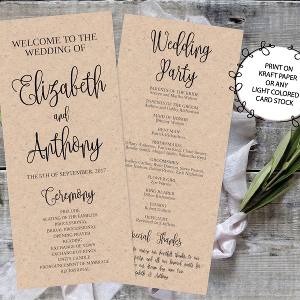 Wedding Program Template Printable / Editable 4x9 - Calligraphy Script - DIY Print on Kraft Paper or Light Card Stock / Rustic Wedding