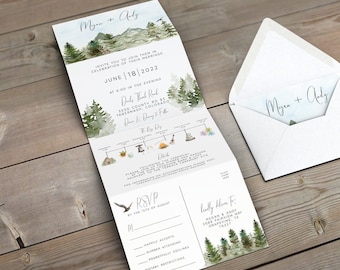 Mountains Wedding Invitation Template, All-In-One Invitation, Accordion Tri-Fold Wedding Invitation, Concertina invite, Forest, Lake Invite