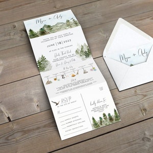 Mountains Wedding Invitation Template, All-In-One Invitation, Accordion Tri-Fold Wedding Invitation, Concertina invite, Forest, Lake Invite