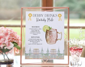 Kentucky Derby Party Cocktail Recipe Cards, Editable Derby Day Party Drink Signs, Mint Julep, Kentucky Mule, Oaks Lily, Old Fashioned, DIY