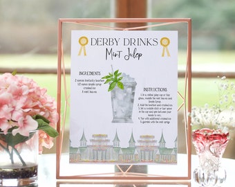 Kentucky Derby Party Cocktail Recipe Cards, Editable Derby Day Party Drink Signs, Mint Julep, Kentucky Mule, Oaks Lily, Old Fashioned, DIY