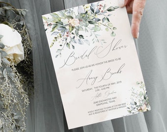 Succulent Bridal Shower Invitation Template, Printable Blush Pink, Eucalyptus, Greenery Bridal Shower, DIY Watercolor Bridal Shower Download