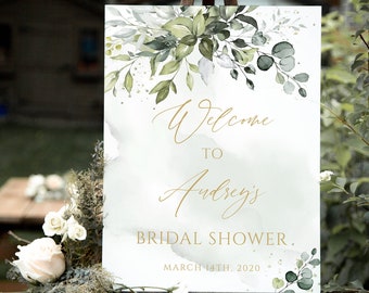 Succulent Bridal Shower Welcome Sign: Greenery Gold Template (DIY Editable)