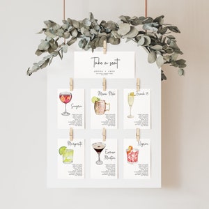 Cocktail zitplaatsen grafiek, moderne bruiloft zitplaatsen grafiek kaartsjabloon, minimale cocktail zitplaatsen grafiek kaarten, minimalistische zitplaatsen grafiek kaarten
