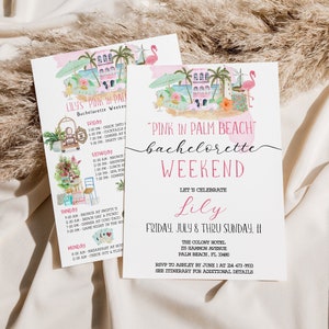 Itinerario del fine settimana di addio al nubilato di Palm Beach + modello di invito, agenda modificabile per addio al nubilato, programma del fine settimana per ragazze della Florida, testo/stampa Pink Bach