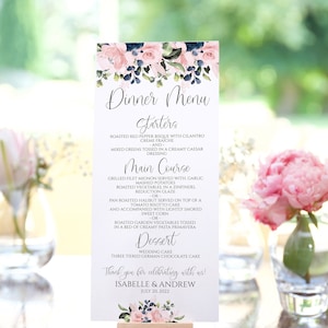 Navy Blue and Blush Pink Wedding Menu Template, Printable Wedding Menu, Rustic Floral Wedding Menu Printable, Watercolor Wedding Menu, 4&quot;x9&quot;