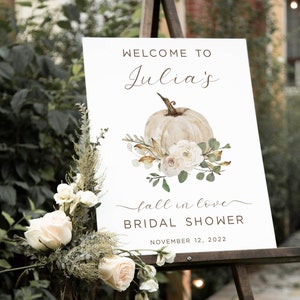 Fall In Love Boho Bridal Shower Welcome Sign Template, Boho Cream Pumpkin Floral Couples Shower, DIY Printable Couples Shower Sign, Editable