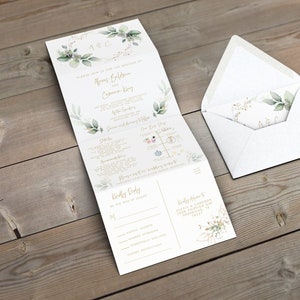 Tri Fold Wedding Invitation Template, All-In-One Invitation, Accordion Folded Wedding Invitation, Concertina invite, Greenery Eucalyptus