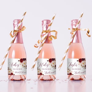 Serez-vous mon étiquette de vin de demoiselle d'honneur imprimable, modèle d'étiquette de vin de proposition de demoiselle d'honneur, Marsala, blush rose, or, étiquette de vin de Bourgogne