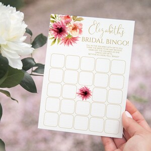 Plantilla de tarjeta de bingo de ducha nupcial de dalia rosa brillante, juego de bingo de ducha de boda personalizado imprimible, juego de baby shower, descarga instantánea