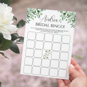 Bruidsdouche bingokaart sjabloon, afdrukbare eucalyptus gepersonaliseerde bruiloft douche bingospel, bloemen bruiloft douche spel, Instant Download