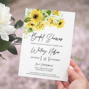 Modelo de convite para chá de panela de girassóis, girassol amarelo e vegetação, casamento em aquarela, modelo de cartão de receita GRATUITO, chá para impressão