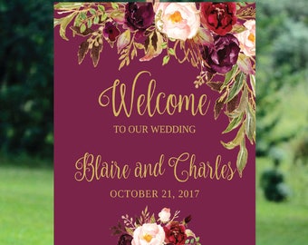 Navy Burgundy Welcome Wedding Sign Template Floral Merlot Wedding Welcome Sign Navy Marsala Wedding Sign Large Signage Editable Template 034