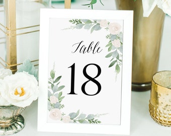 Greenery Table Numbers Template, Wedding Table Numbers Printable, 1-30, Floral Table Numbers, Reserved Signs Template