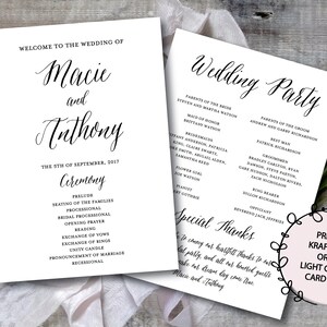Plantilla de programa de boda, programa de boda con caligrafía imprimible, programa de boda, impresión en papel kraft o cartulina liviana